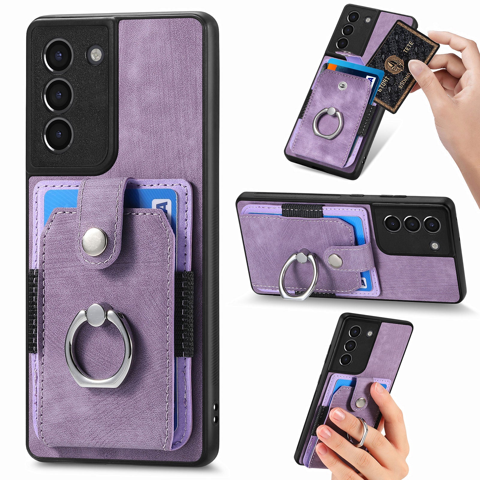 Til Samsung Galaxy S21 FE 5G Kortholder Telefon Case PU Læder TPU PC Slim Telefon Cover med Ring Kickstand