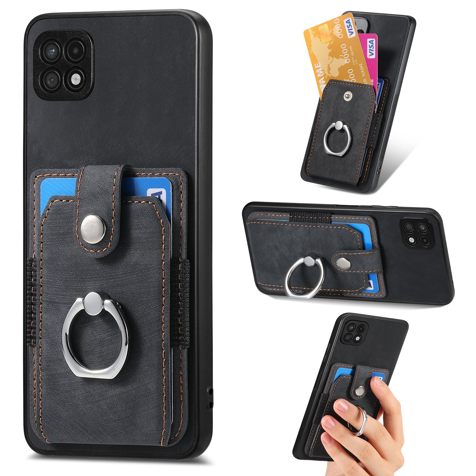For Samsung Galaxy A22 5G (EU Version) Kickstand PU Leather PC TPU Card Slot Cover Ring Holder Phone Case