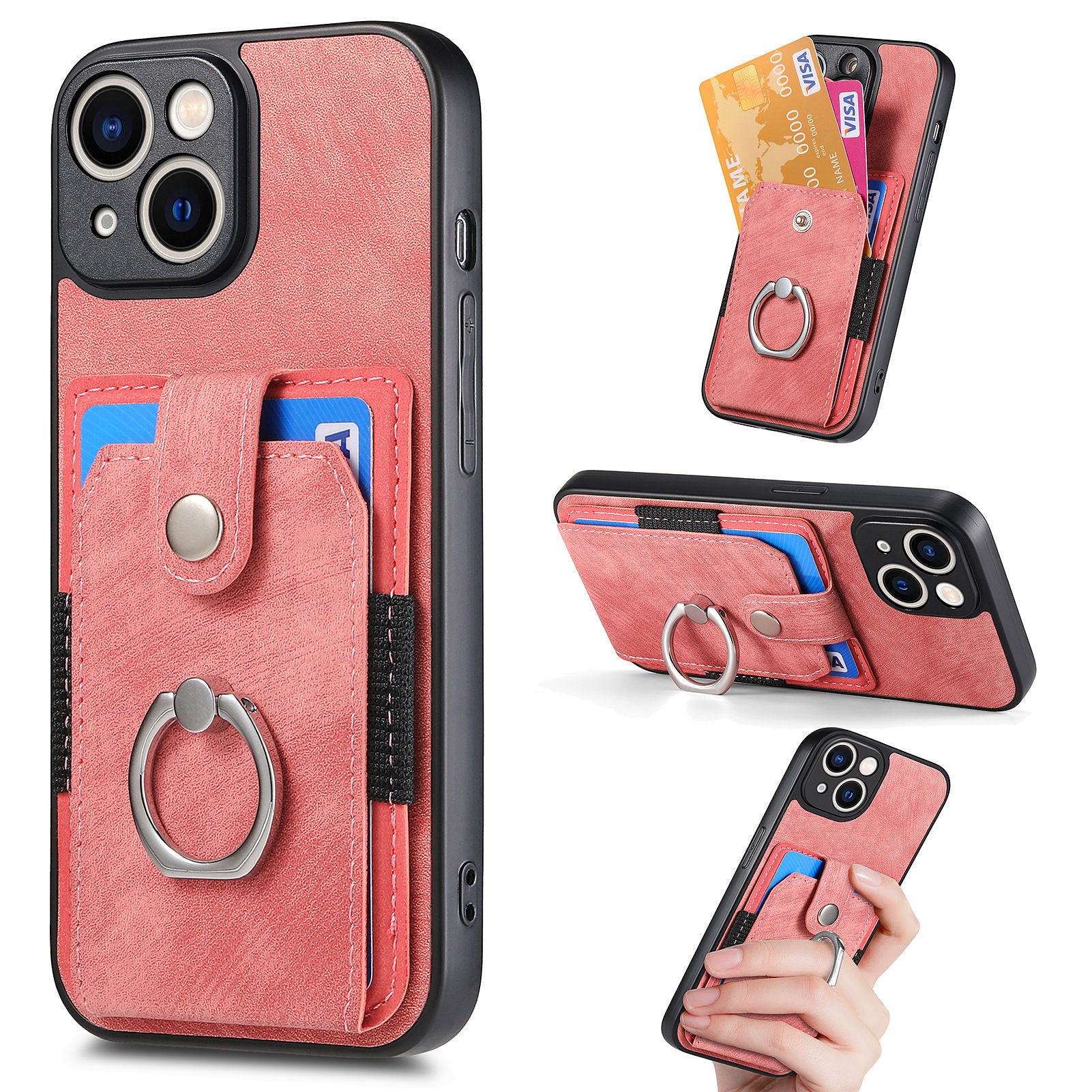 For iPhone 13 Ring Kickstand Card Holder Phone Case PU Leather+PC+TPU Protective Cover