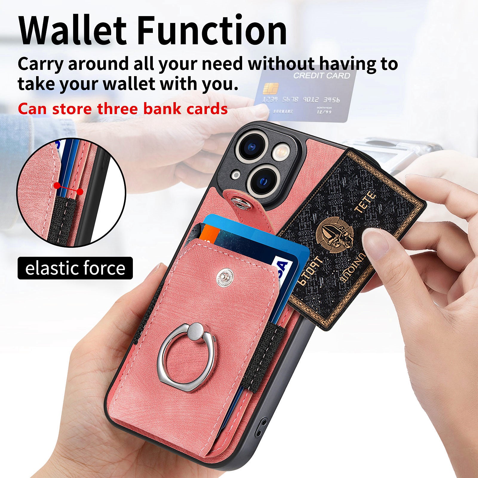 For iPhone 13 Ring Kickstand Card Holder Phone Case PU Leather+PC+TPU Protective Cover