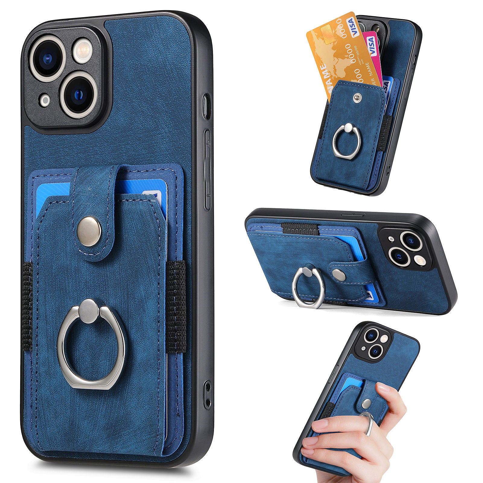 For iPhone 13 Ring Kickstand Card Holder Phone Case PU Leather+PC+TPU Protective Cover