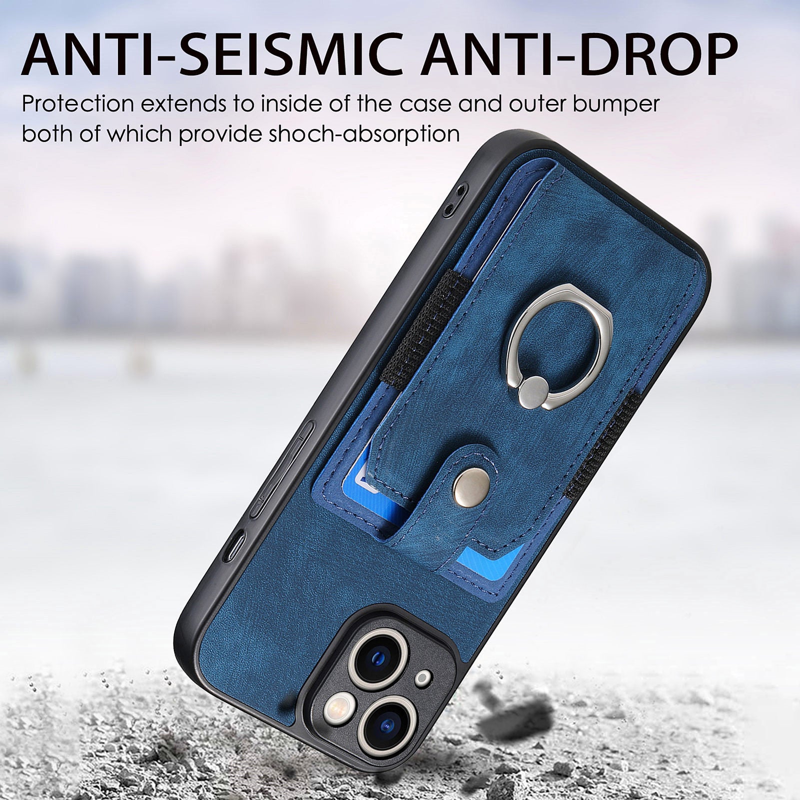 For iPhone 13 Ring Kickstand Card Holder Phone Case PU Leather+PC+TPU Protective Cover