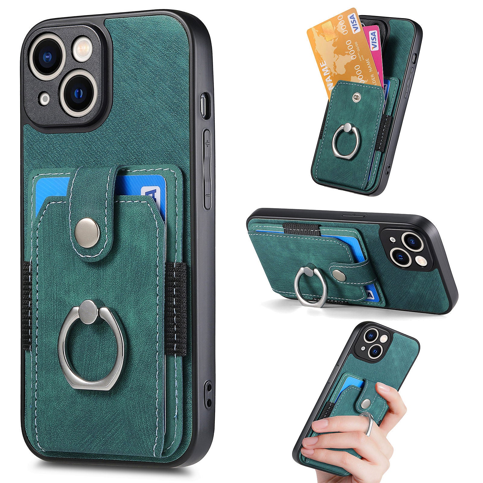 For iPhone 13 Ring Kickstand Card Holder Phone Case PU Leather+PC+TPU Protective Cover
