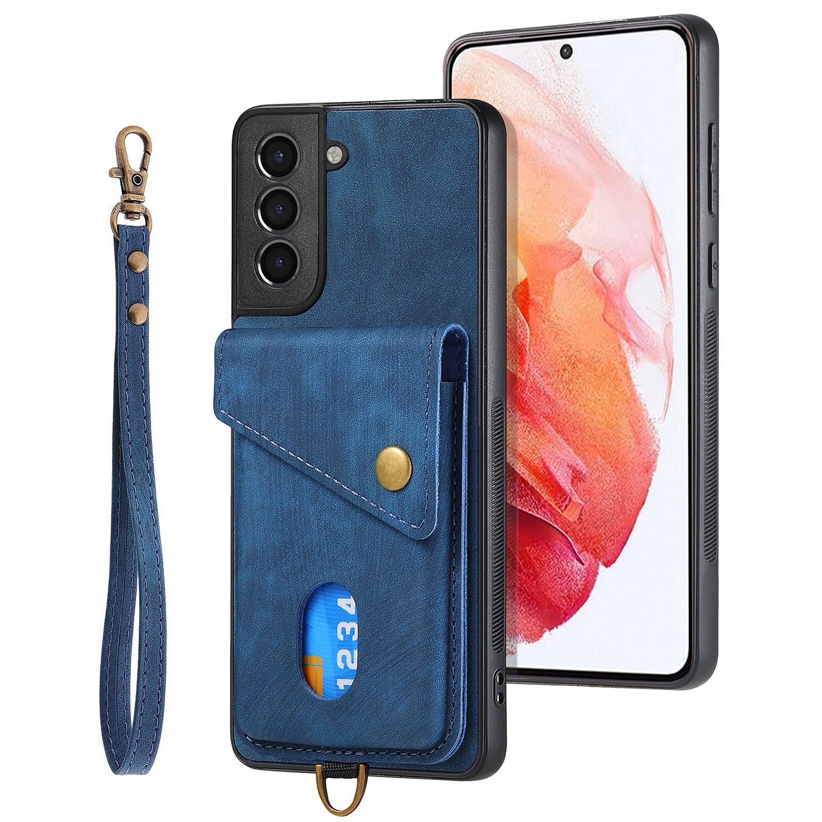 For Samsung Galaxy S21 5G / 4G Kickstand Card Holder Phone Cover PU Leather Coated PC TPU Case with Strap