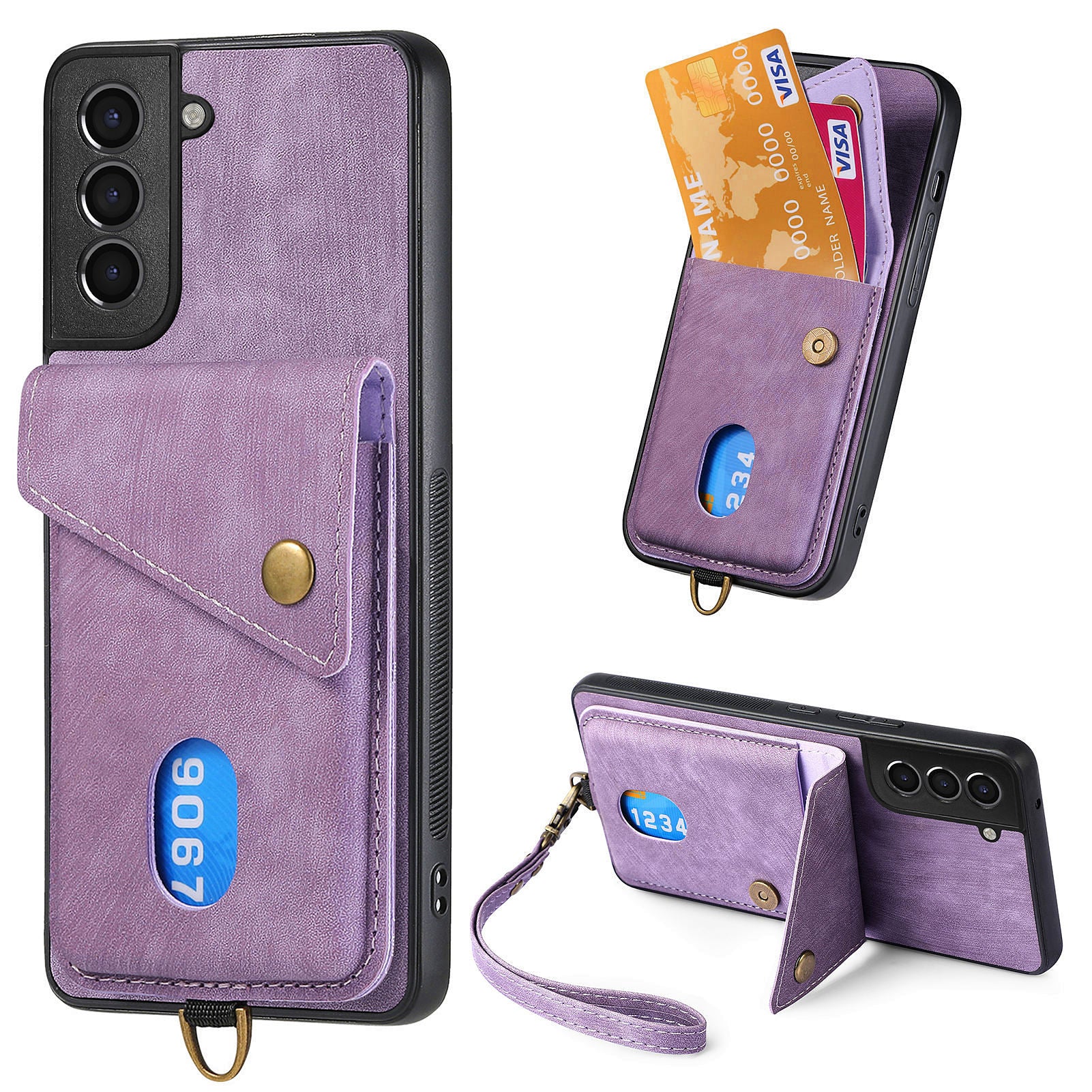 For Samsung Galaxy S21 5G / 4G Kickstand Card Holder Phone Cover PU Leather Coated PC TPU Case with Strap