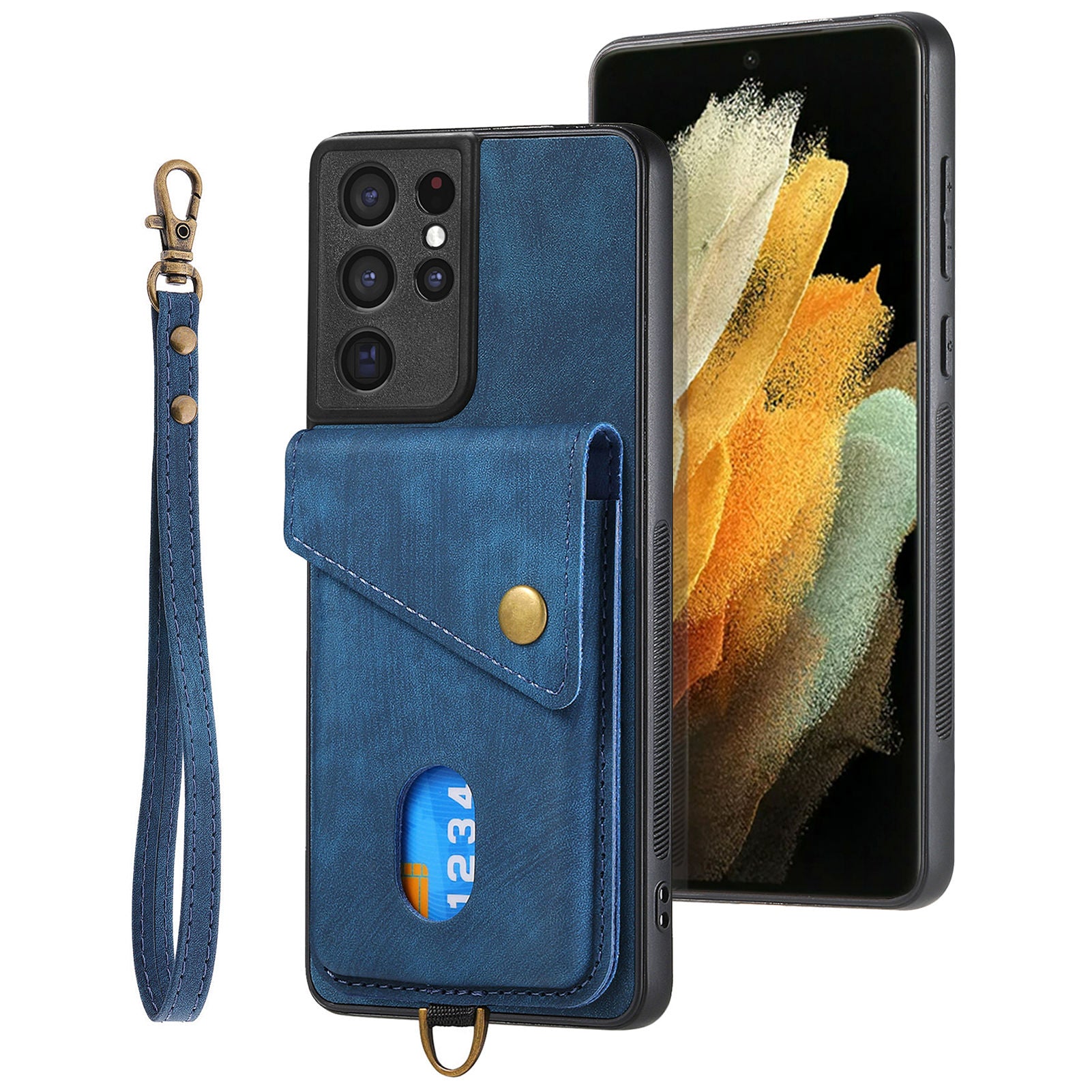 For Samsung Galaxy S21 Ultra 5G Kickstand Phone Case PU Leather Coated PC TPU Cover with Card Holder