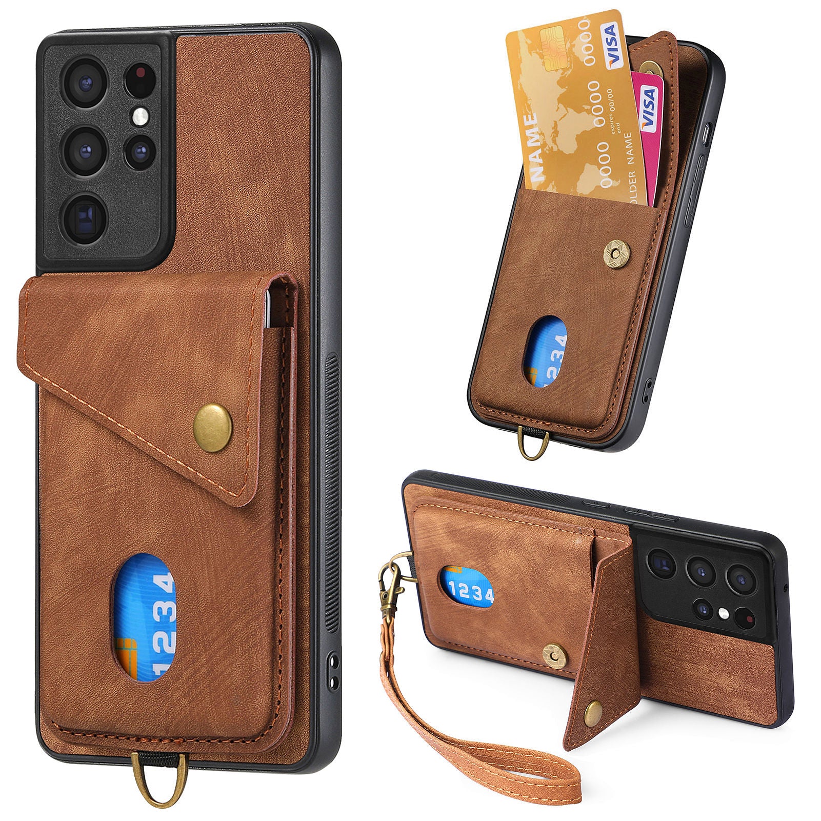For Samsung Galaxy S21 Ultra 5G Kickstand Phone Case PU Leather Coated PC TPU Cover with Card Holder