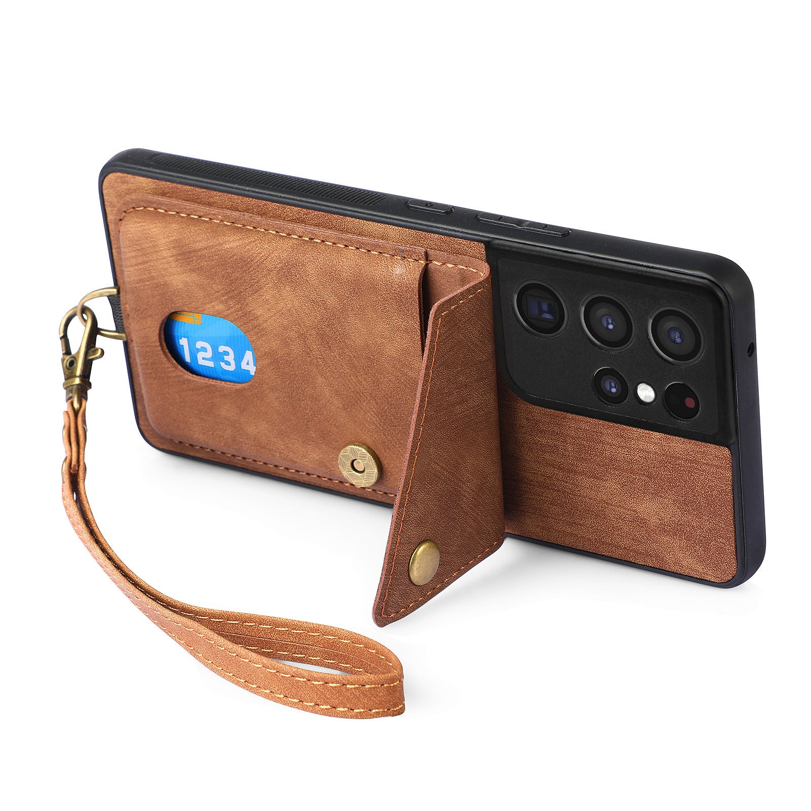 For Samsung Galaxy S21 Ultra 5G Kickstand Phone Case PU Leather Coated PC TPU Cover with Card Holder