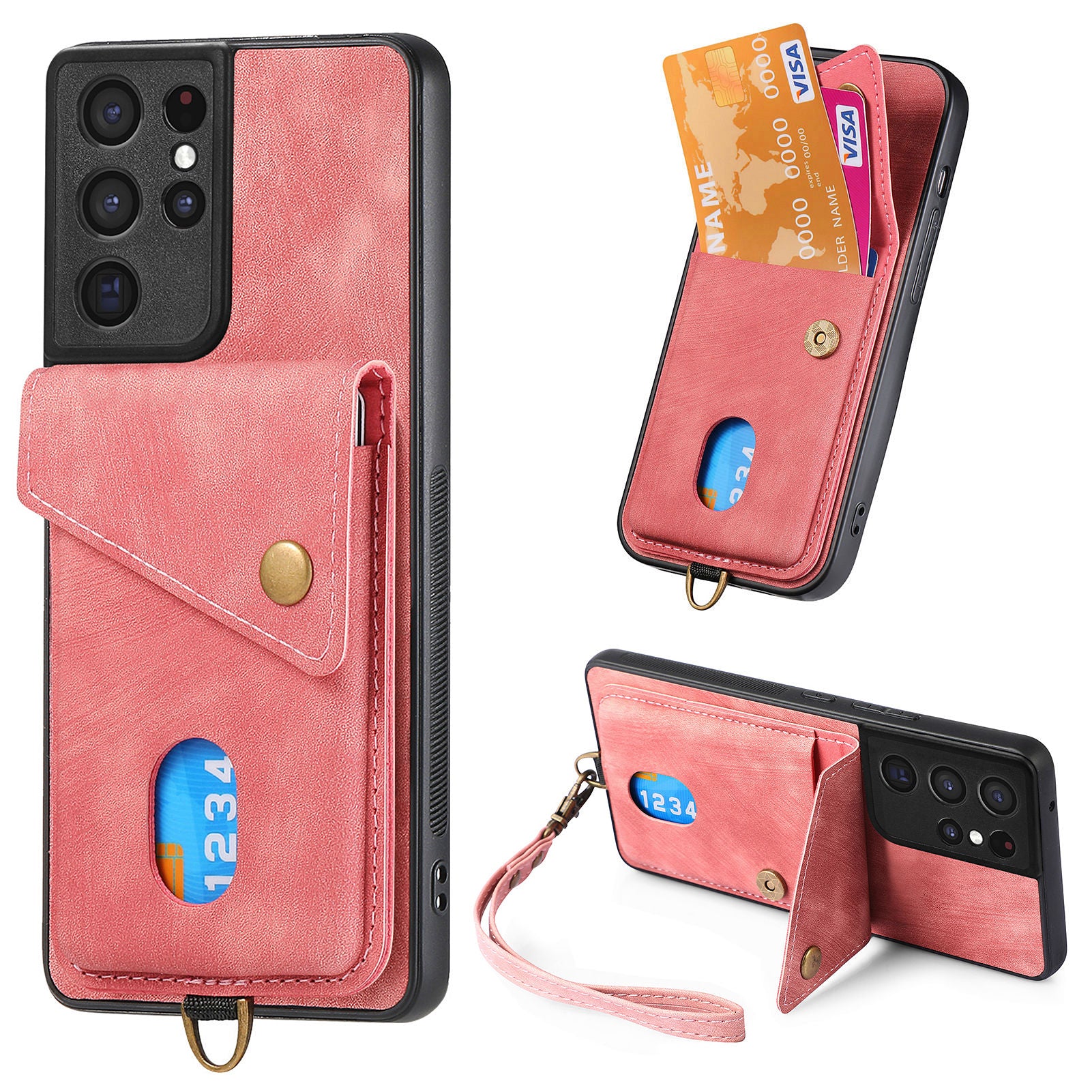 For Samsung Galaxy S21 Ultra 5G Kickstand Phone Case PU Leather Coated PC TPU Cover with Card Holder