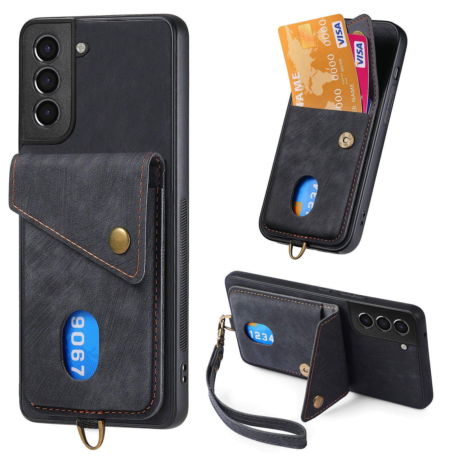 For Samsung Galaxy S22 5G Card Holder Phone Case Kickstand Leather Coated PC TPU Cover