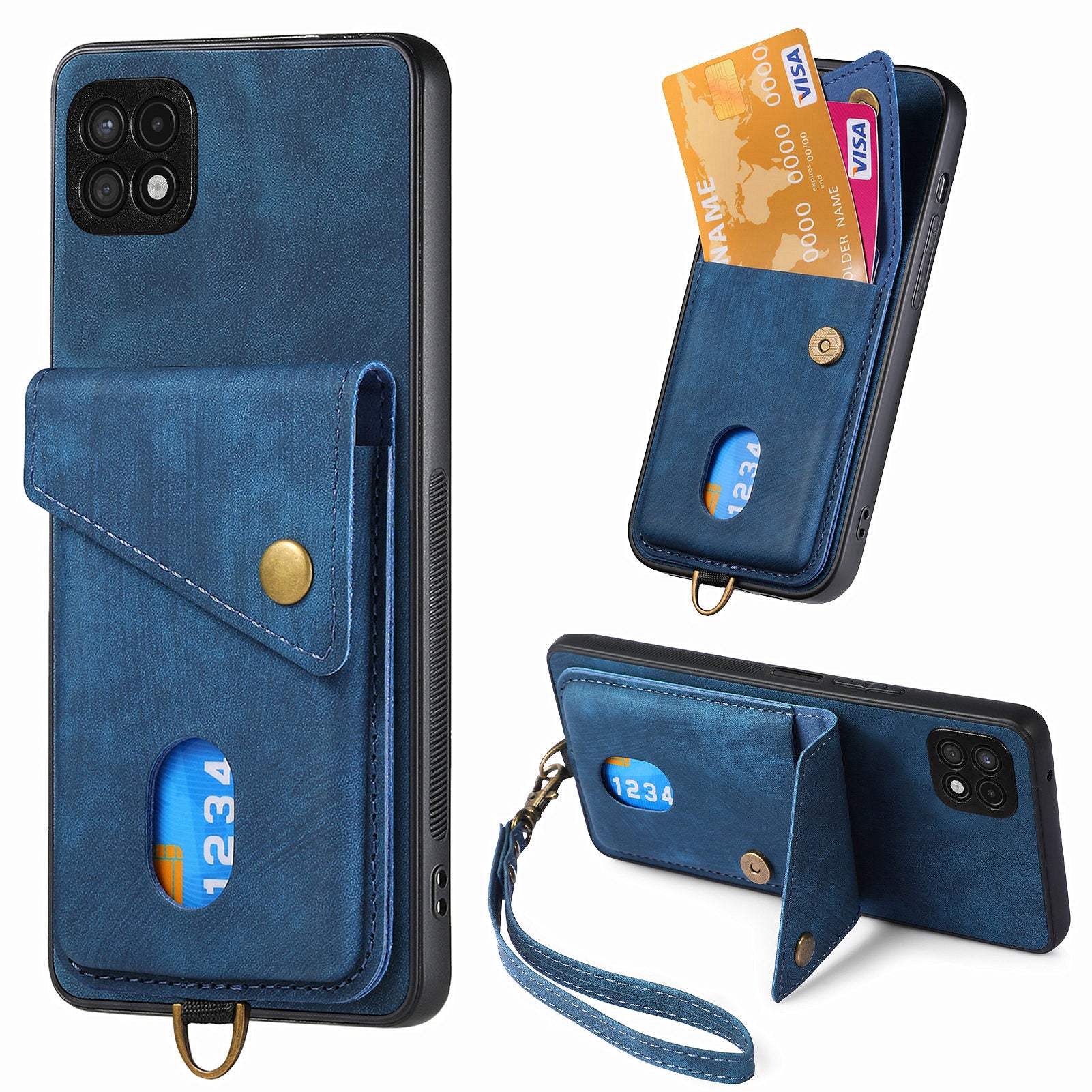 For Samsung Galaxy A22 5G (EU Version) Phone Case Leather Coated PC TPU Card Holder Kickstand Cover