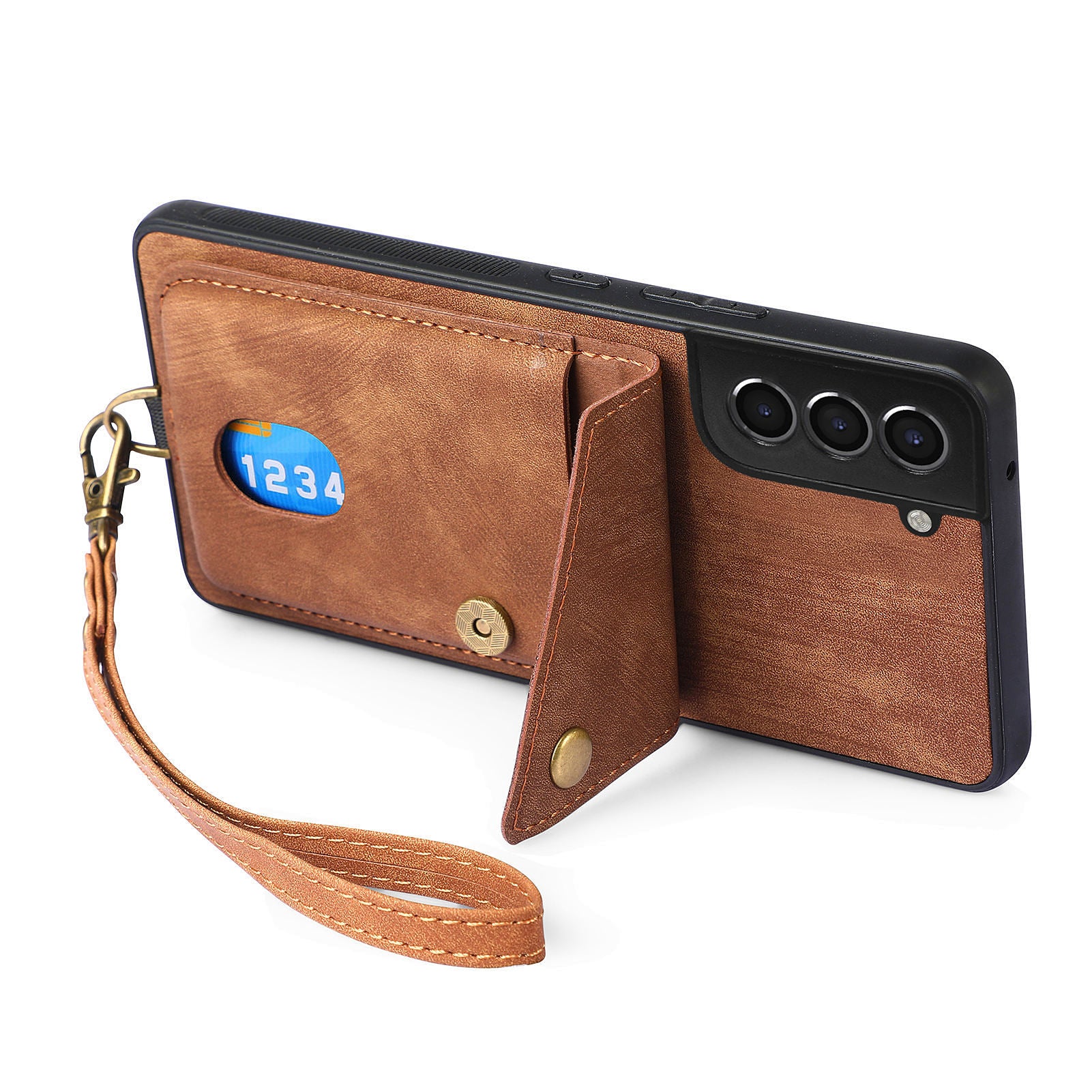 For Samsung Galaxy S22 5G Kickstand Phone Case Leather Coated PC TPU Card Holder Cover