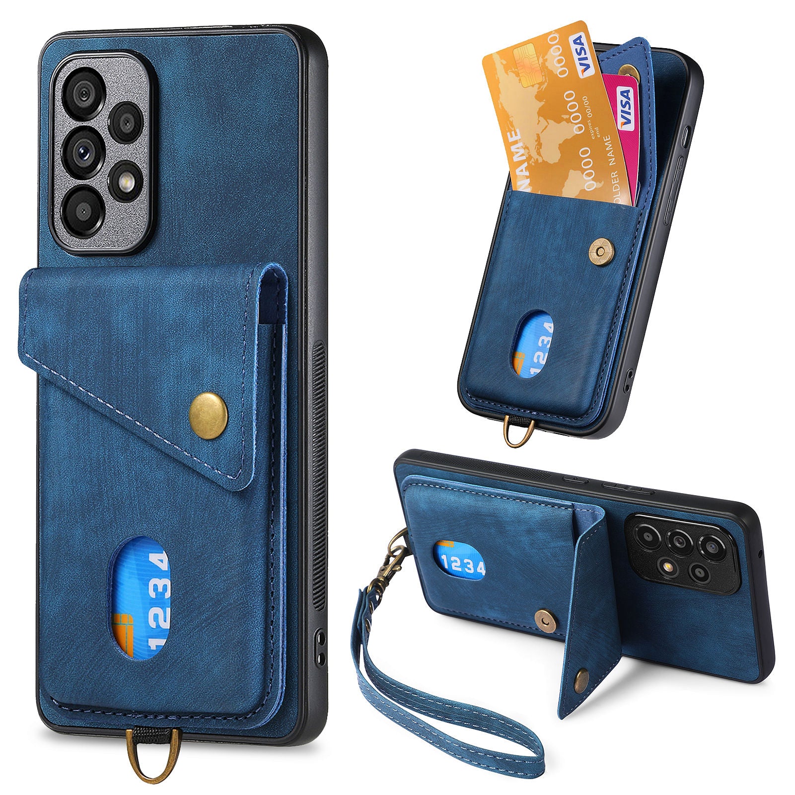 For Samsung Galaxy A23 5G (Global Version) / A23 4G Card Holder Phone Cover Leather Coated PC TPU Kickstand Case