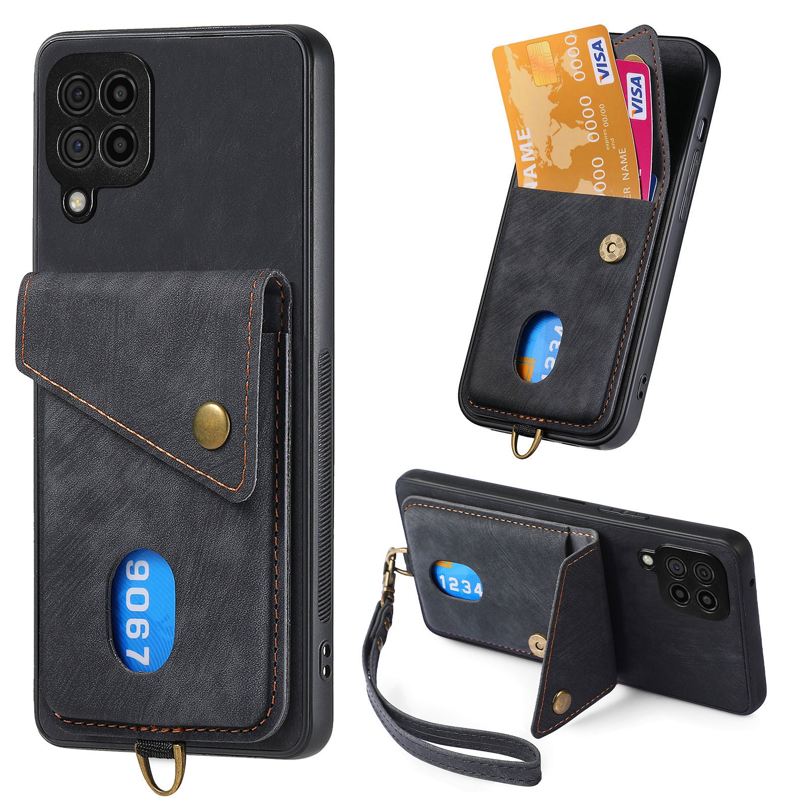 For Samsung Galaxy A22 4G (EU Version) Kickstand Case Leather Coated PC TPU Phone Cover with Card Holder