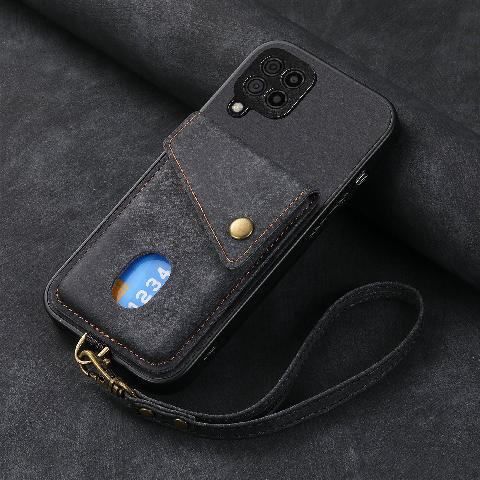 For Samsung Galaxy A22 4G (EU Version) Kickstand Case Leather Coated PC TPU Phone Cover with Card Holder