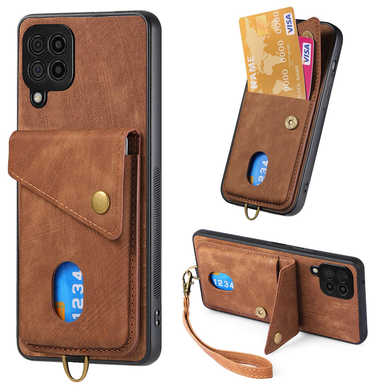 For Samsung Galaxy A22 4G (EU Version) Kickstand Case Leather Coated PC TPU Phone Cover with Card Holder