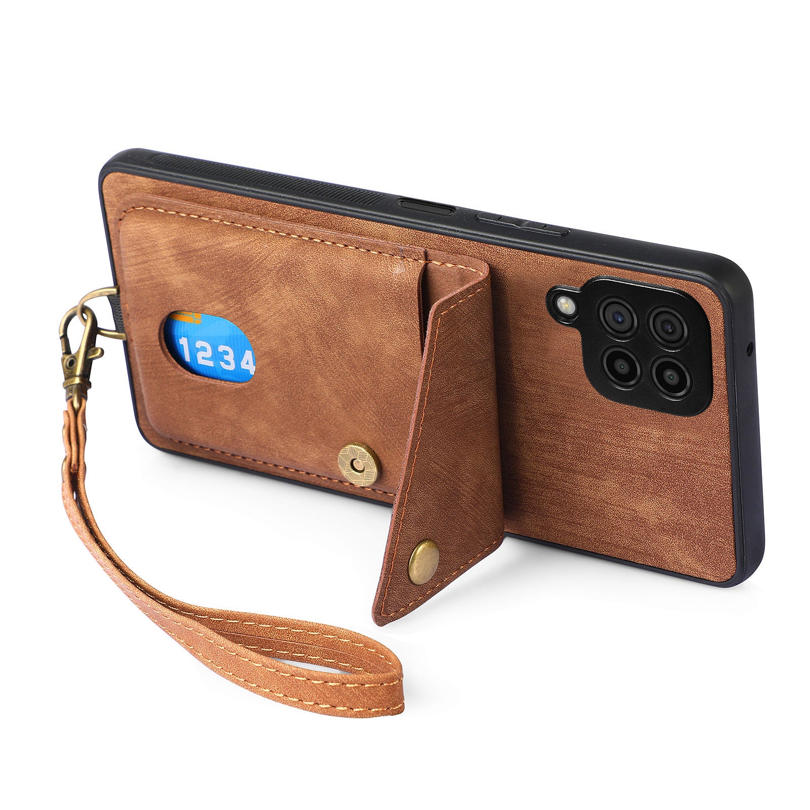 For Samsung Galaxy A22 4G (EU Version) Kickstand Case Leather Coated PC TPU Phone Cover with Card Holder