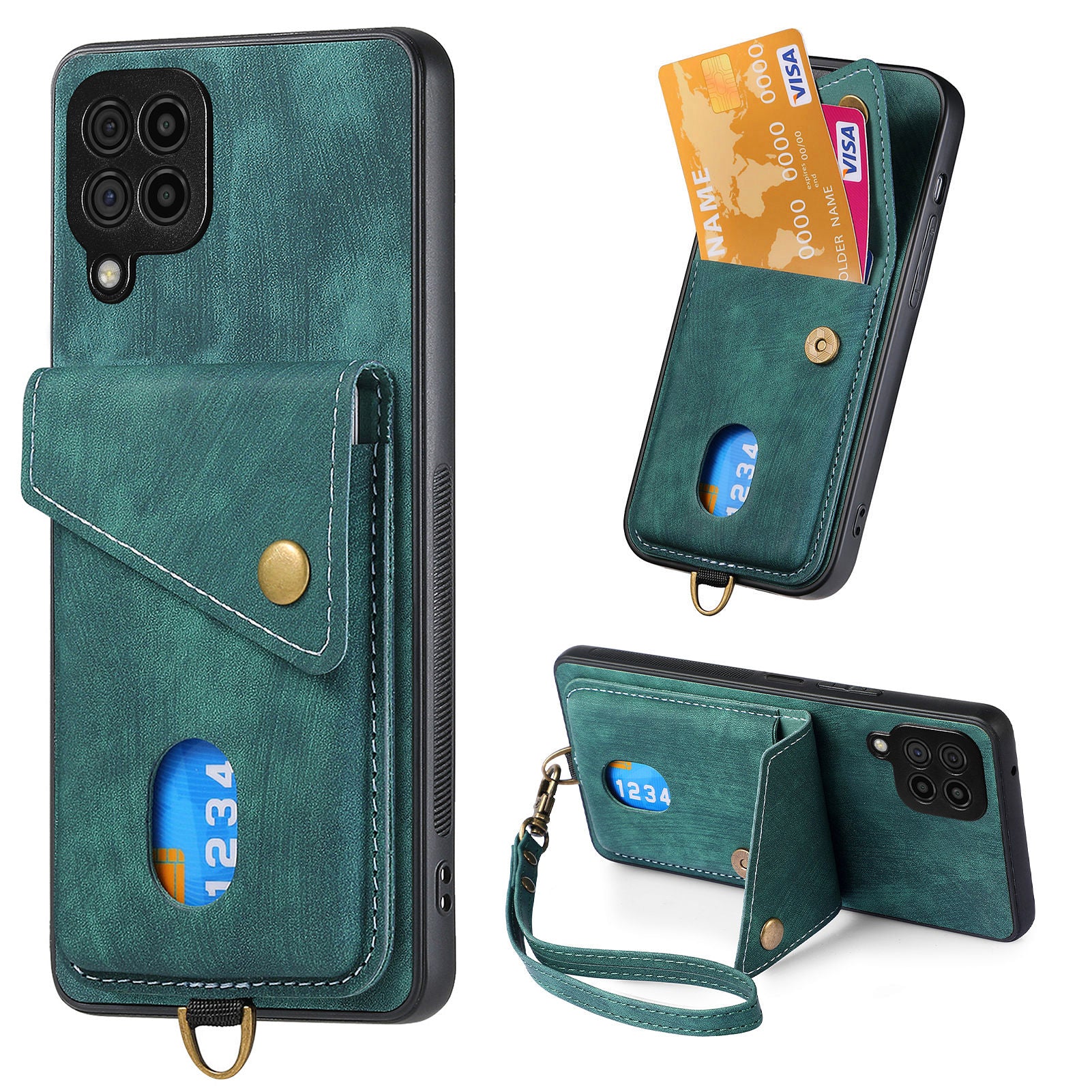 For Samsung Galaxy A22 4G (EU Version) Kickstand Case Leather Coated PC TPU Phone Cover with Card Holder