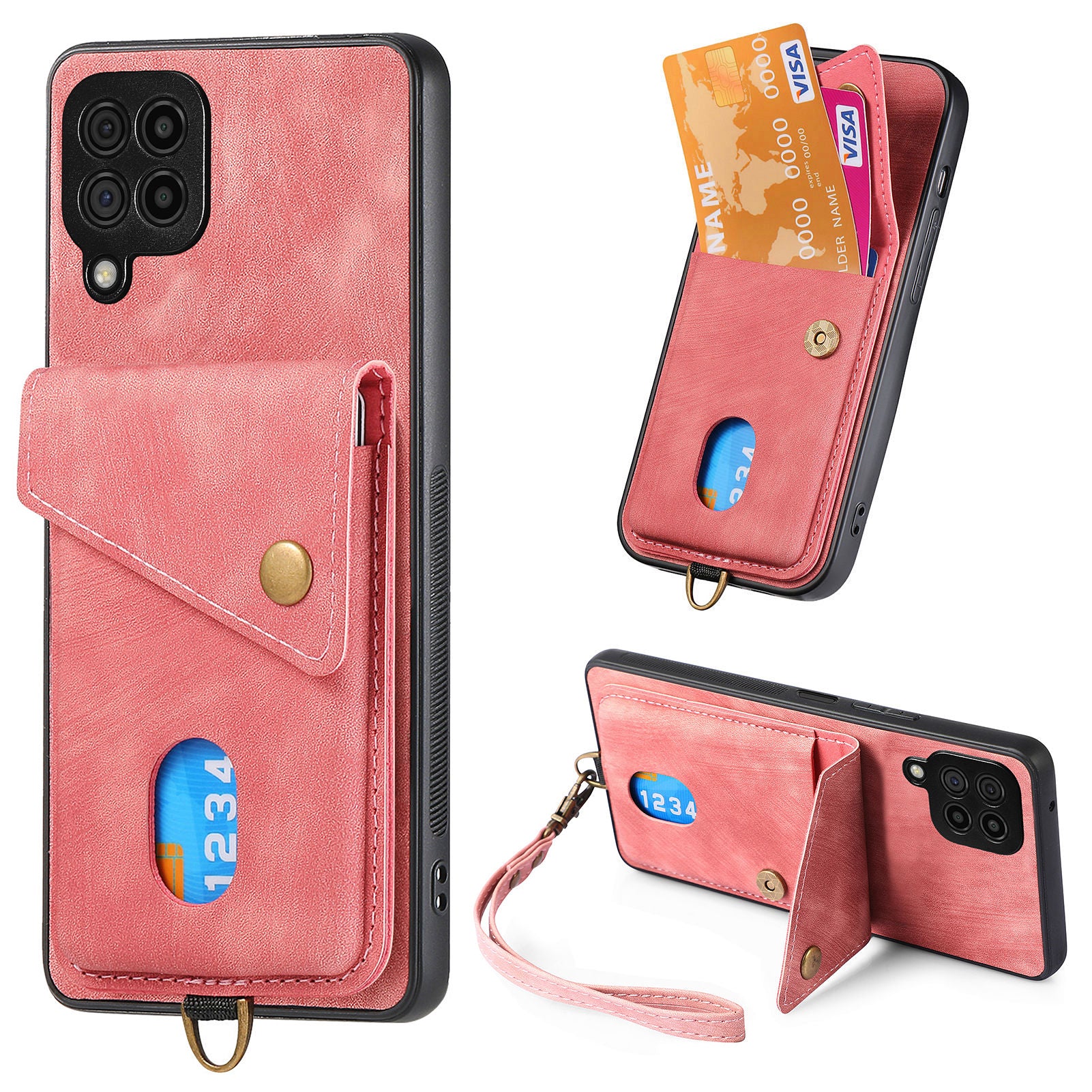 For Samsung Galaxy A22 4G (EU Version) Kickstand Case Leather Coated PC TPU Phone Cover with Card Holder