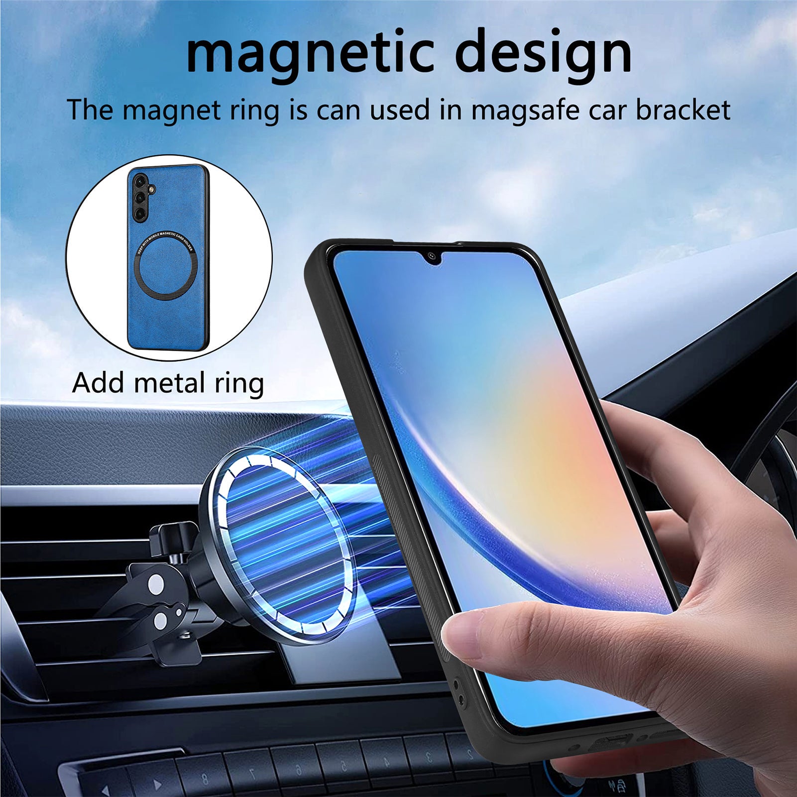 For Samsung Galaxy A34 5G Phone Case Compatible with MagSafe PU Leather Coated PC TPU Magnetic Car Mount Phone Cover