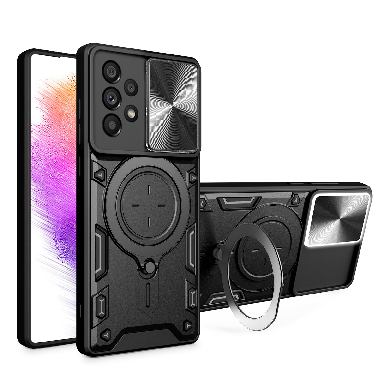 Shockproof Case for Samsung Galaxy A73 5G Anti-Drop Kickstand Cover TPU PC Phone Shell with Slide Lens Lid