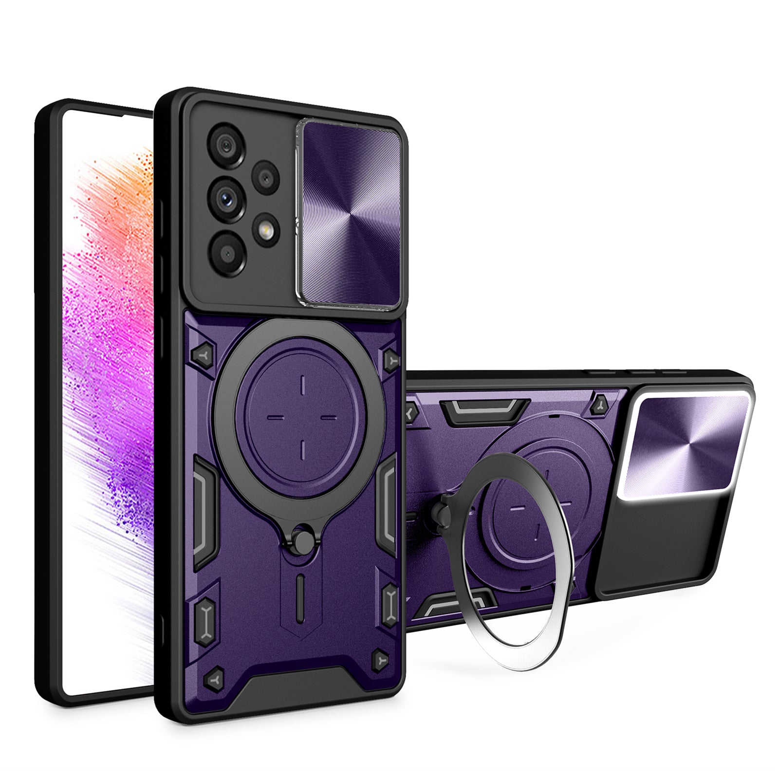 Shockproof Case for Samsung Galaxy A73 5G Anti-Drop Kickstand Cover TPU PC Phone Shell with Slide Lens Lid