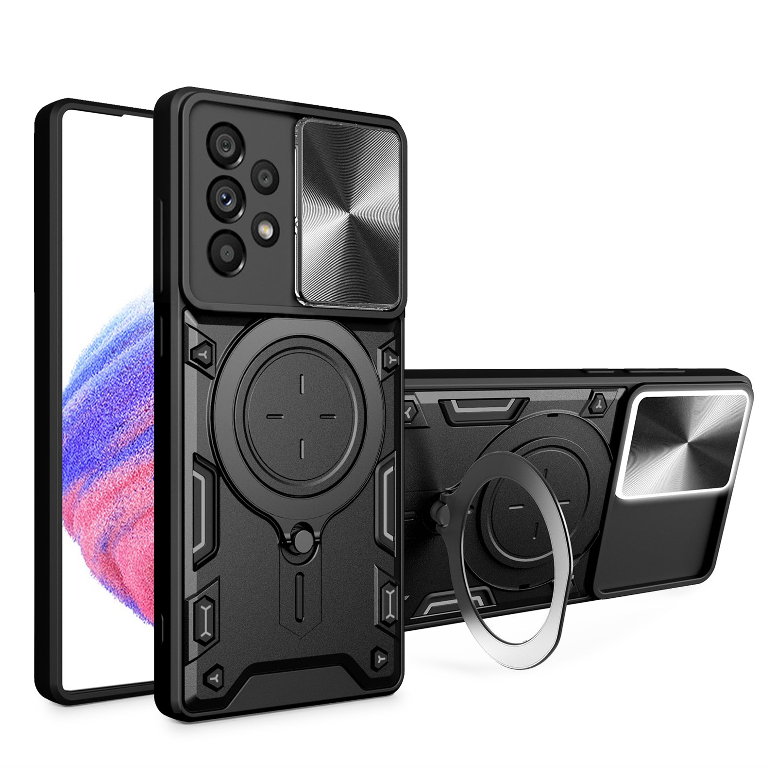 For Samsung Galaxy A53 5G TPU PC Phone Case Kickstand Shockproof Cover with Slide Camera Lens Protector