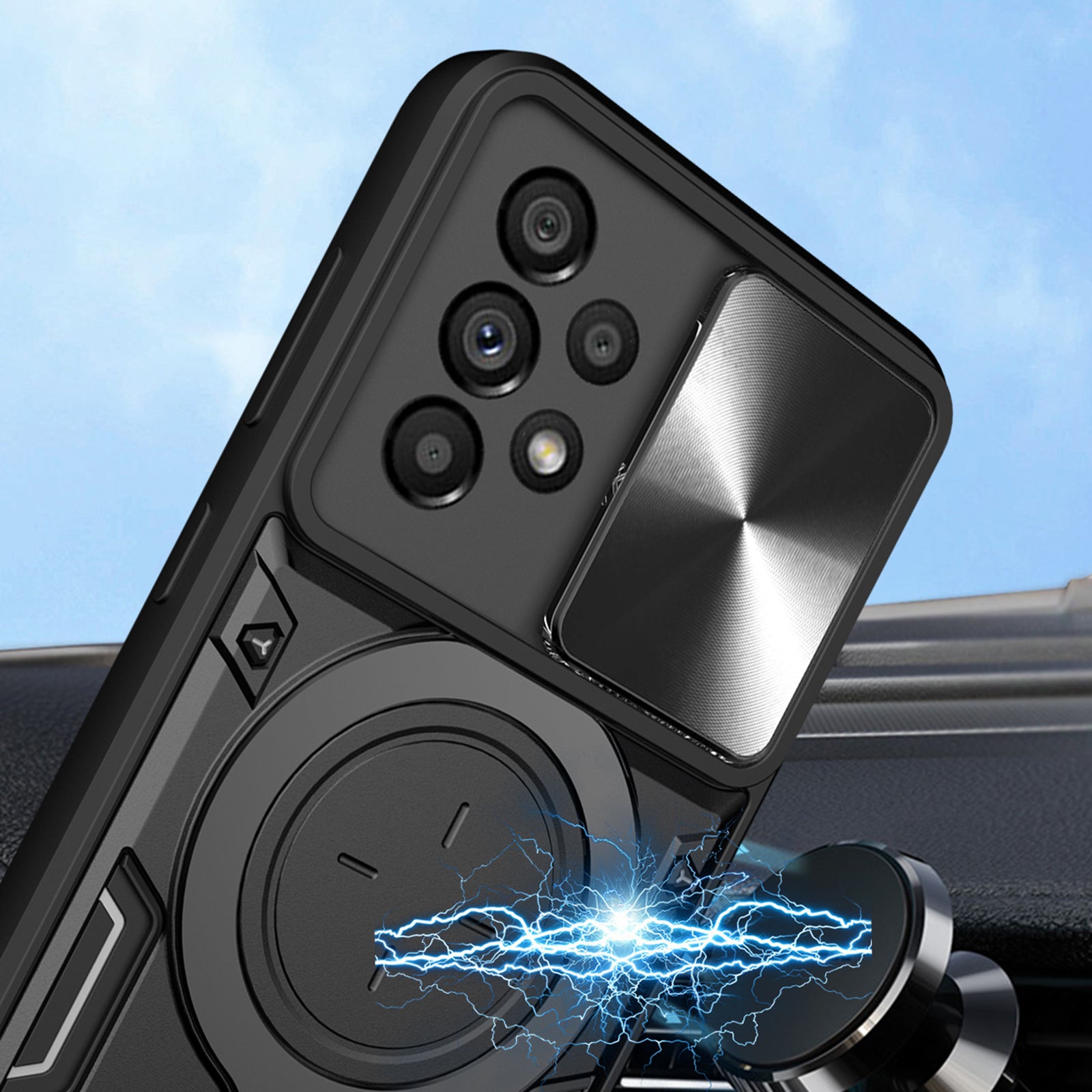 For Samsung Galaxy A53 5G TPU PC Phone Case Kickstand Shockproof Cover with Slide Camera Lens Protector