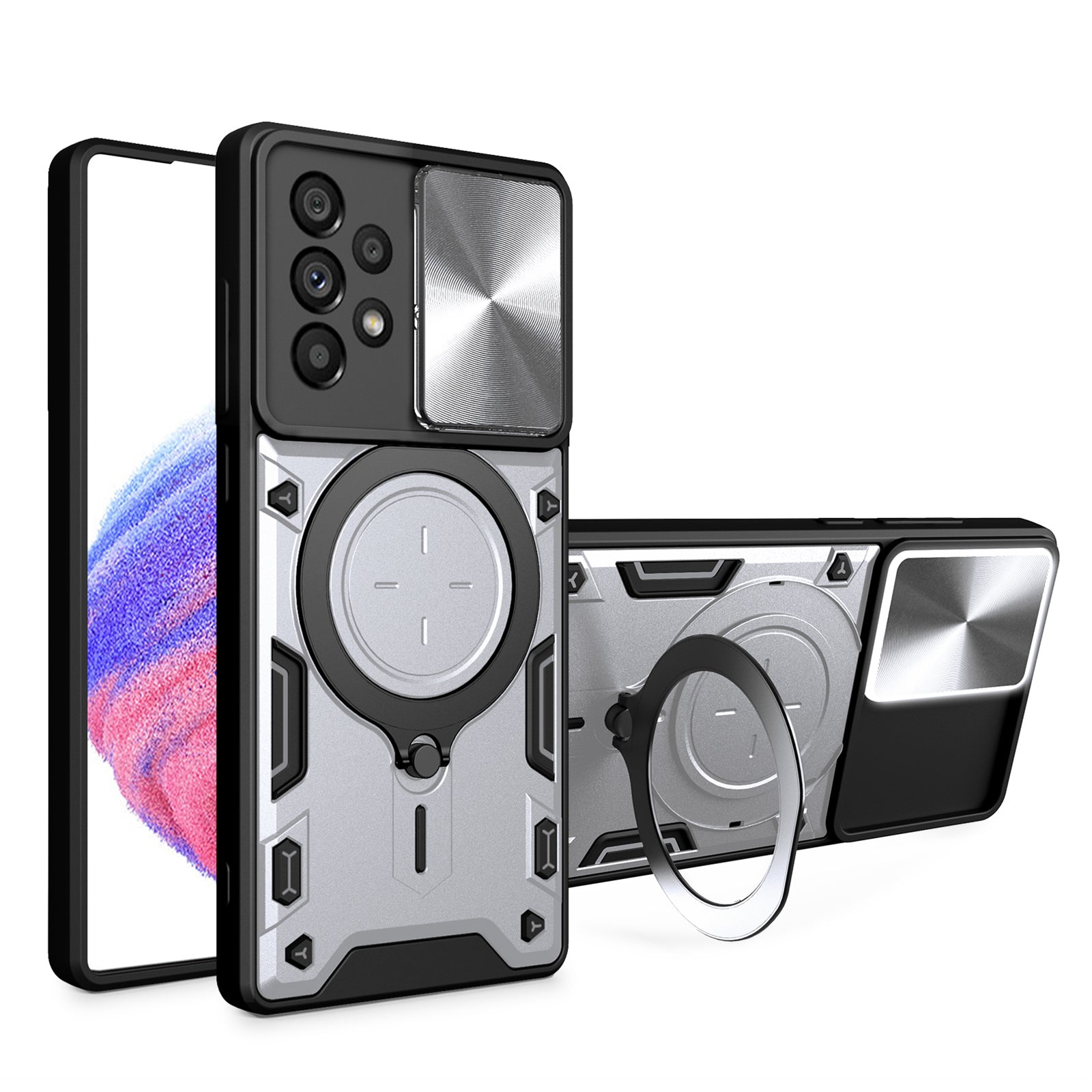 For Samsung Galaxy A53 5G TPU PC Phone Case Kickstand Shockproof Cover with Slide Camera Lens Protector