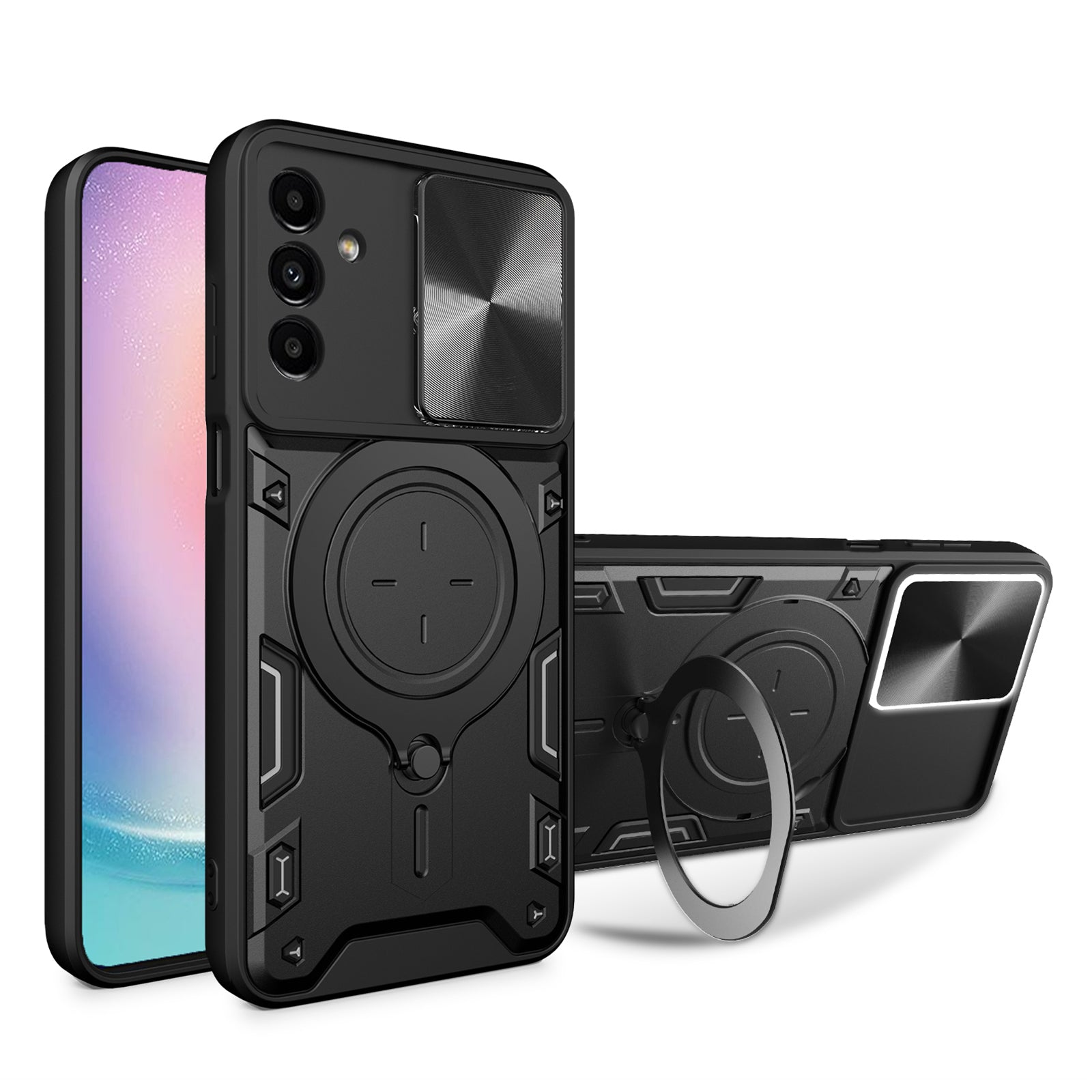 For Samsung Galaxy A24 4G Rotating Kickstand Cover TPU PC Phone Case with Slide Camera Lens Protector