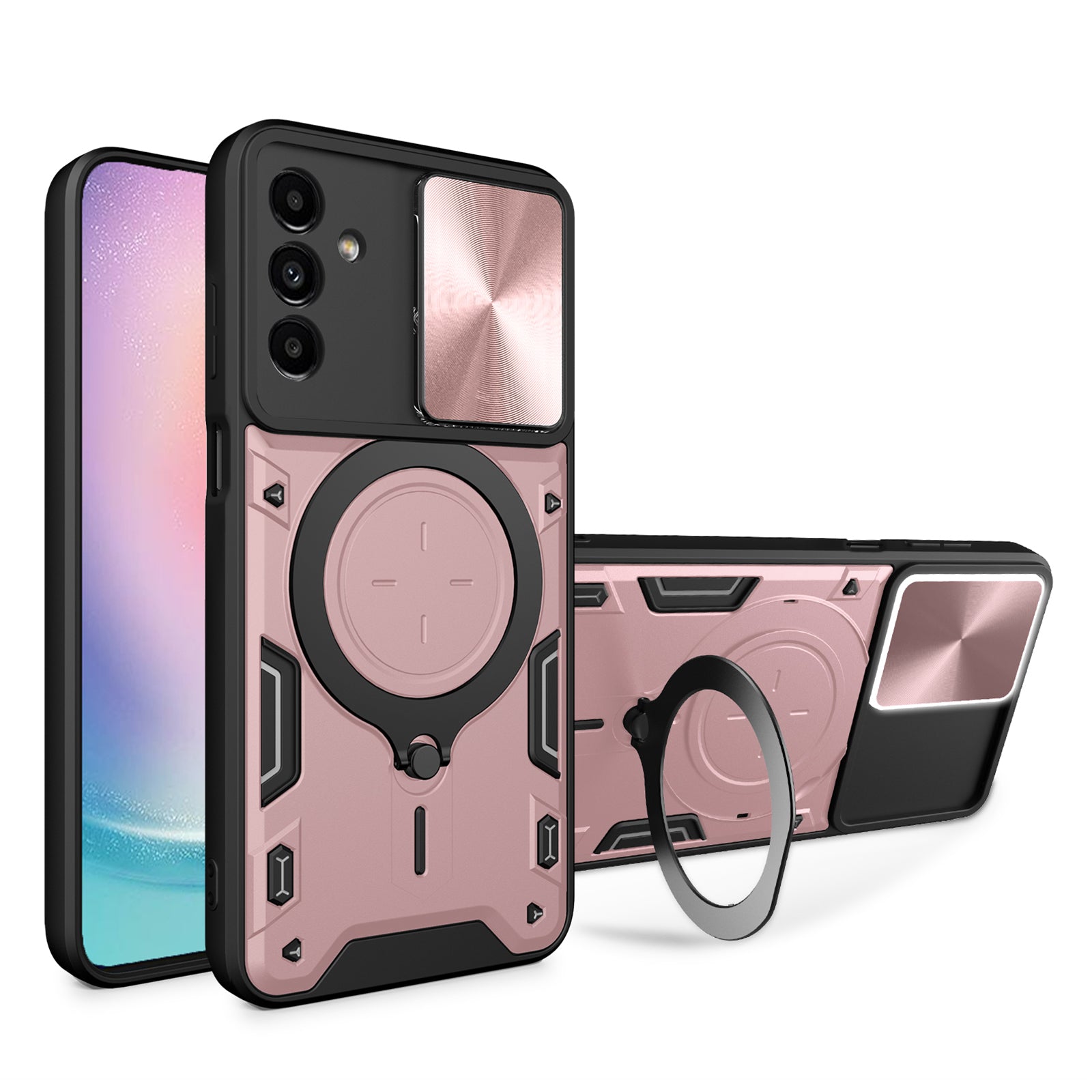 For Samsung Galaxy A24 4G Rotating Kickstand Cover TPU PC Phone Case with Slide Camera Lens Protector