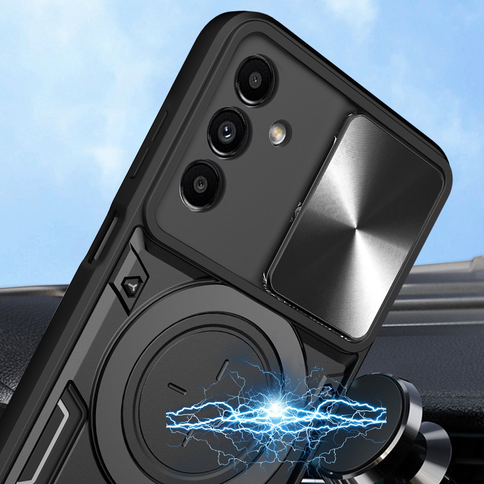 For Samsung Galaxy A24 4G Rotating Kickstand Cover TPU PC Phone Case with Slide Camera Lens Protector