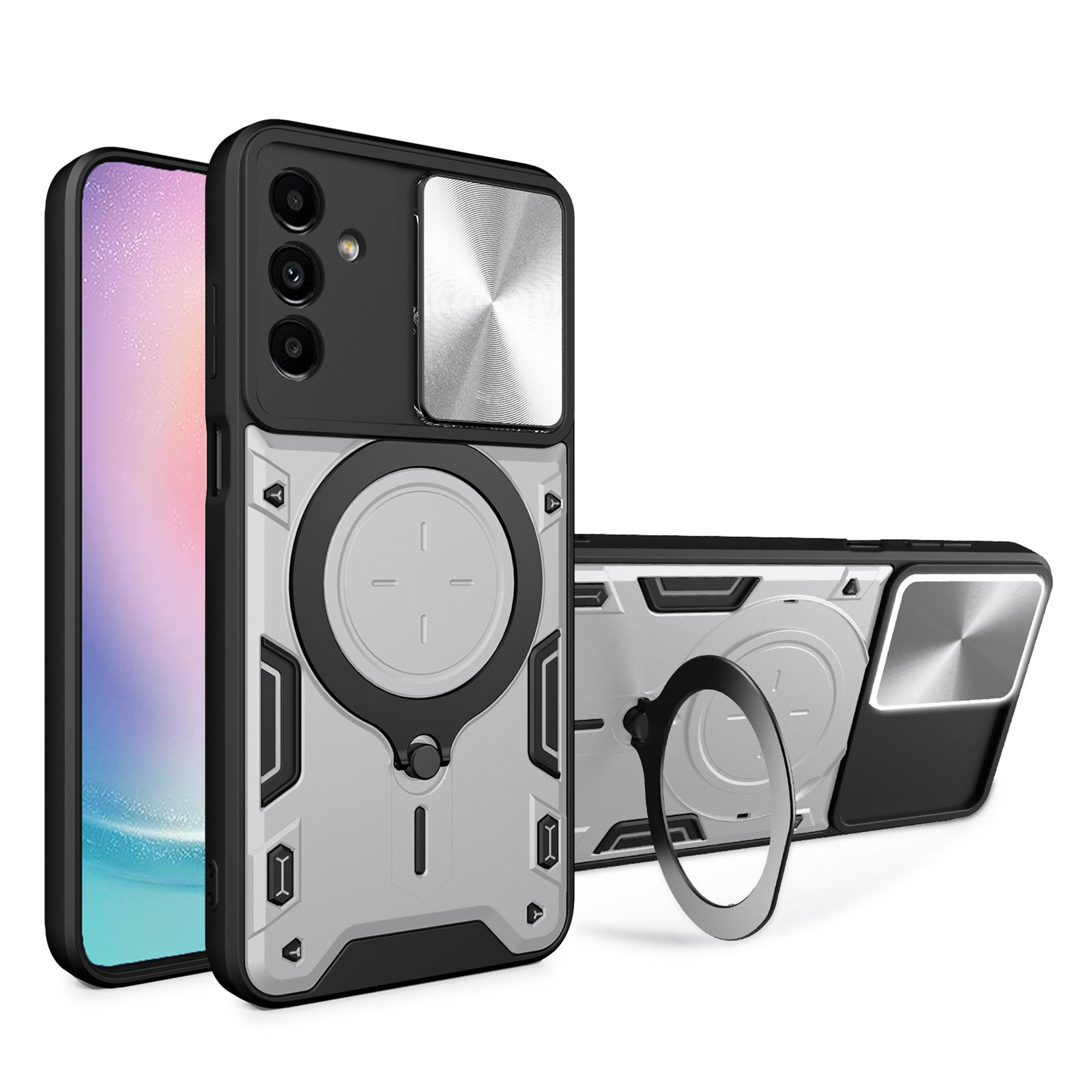 For Samsung Galaxy A24 4G Rotating Kickstand Cover TPU PC Phone Case with Slide Camera Lens Protector