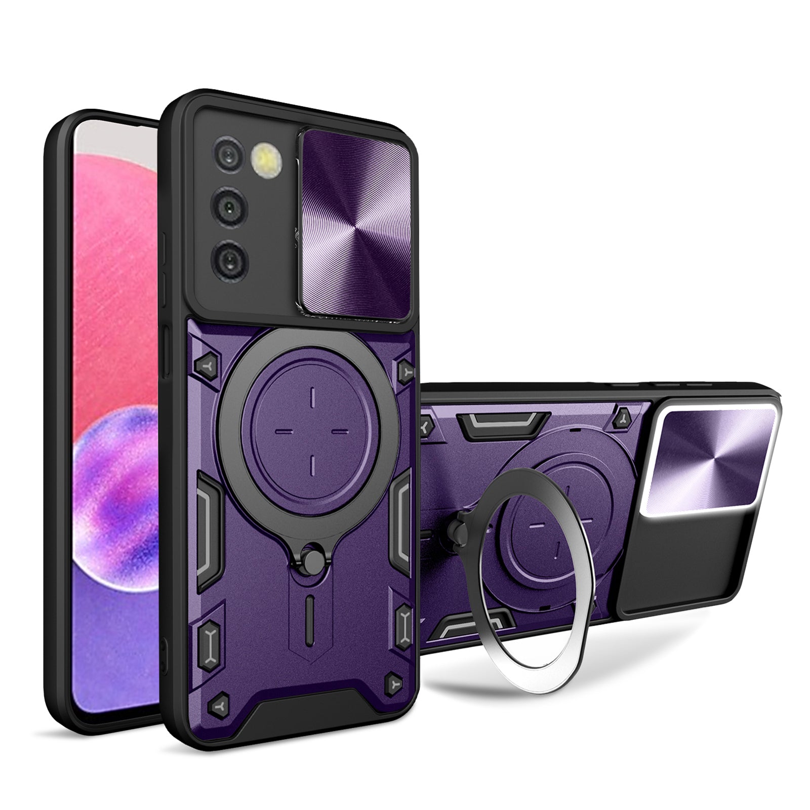 TPU PC Phone Case for Samsung Galaxy A03s (166.5 x 75.98 x 9.14mm) Slide Lens Protection Kickstand Cover