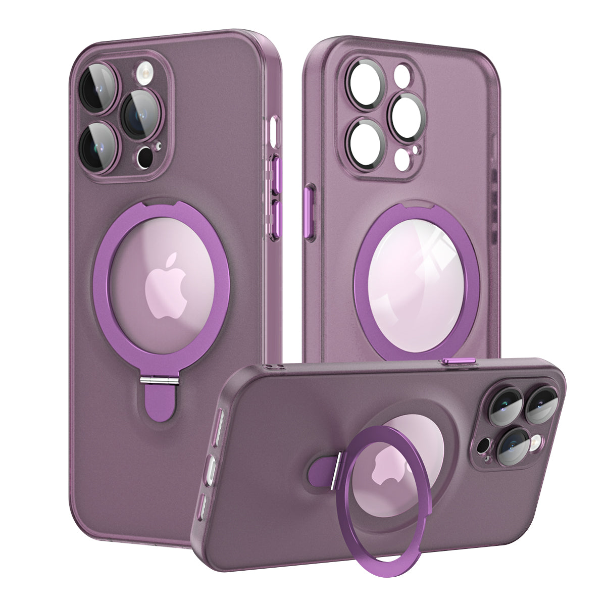 For iPhone 14 Pro Magnetic Phone Case Kickstand PC+TPU Matte Cover with Glass Lens Protector
