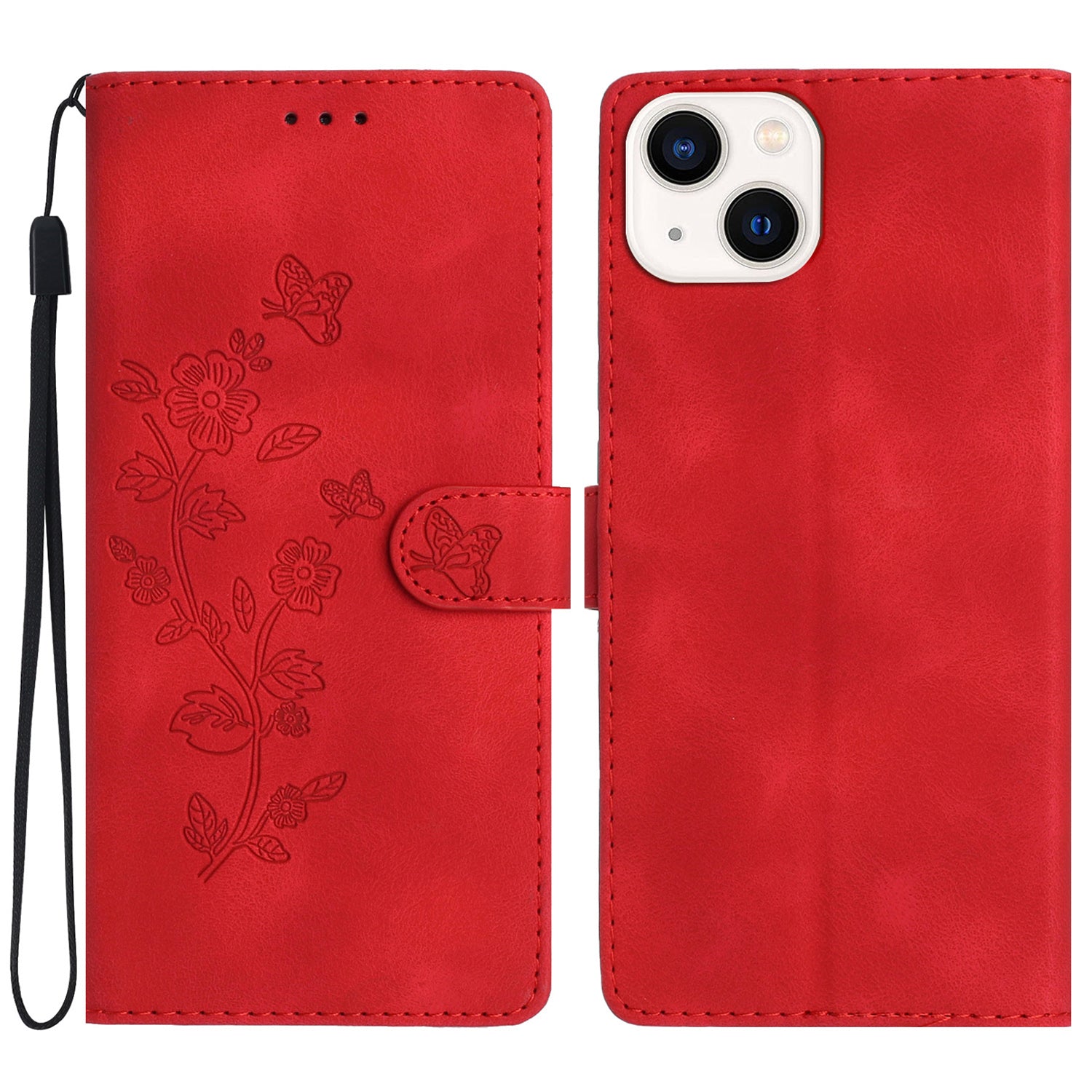 Flower Imprint Wallet Case for iPhone 14 PU Leather + TPU Stand Phone Cover