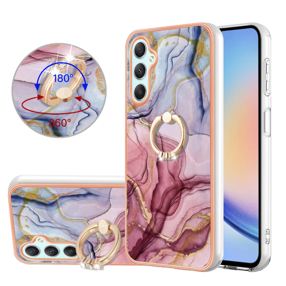 YB IMD Series-17 Style-E for Samsung Galaxy A24 4G Phone Case with Ring Kickstand 2.0mm TPU Electroplated Edge Marble Pattern IMD Cover