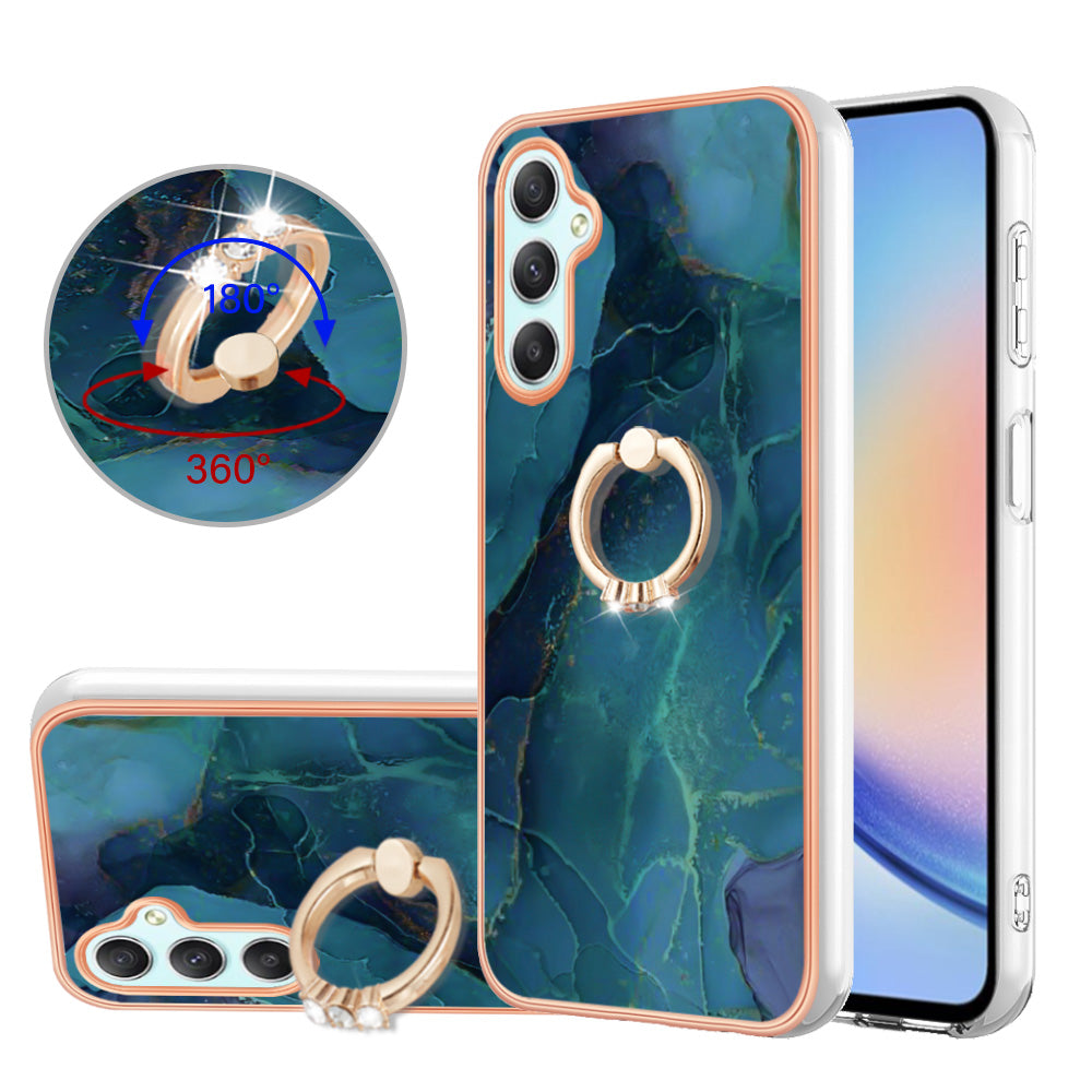 YB IMD Series-17 Style-E for Samsung Galaxy A24 4G Phone Case with Ring Kickstand 2.0mm TPU Electroplated Edge Marble Pattern IMD Cover