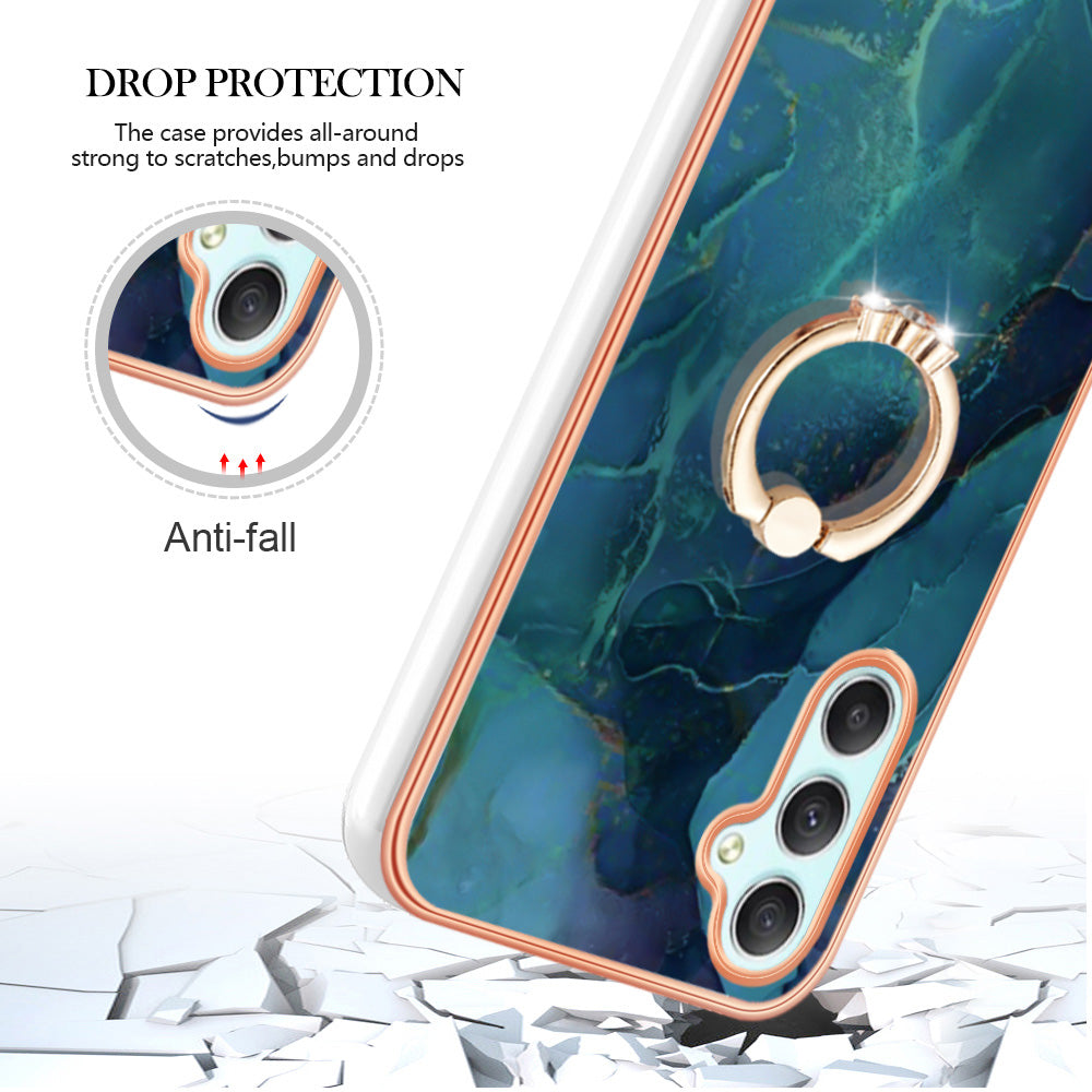 YB IMD Series-17 Style-E for Samsung Galaxy A24 4G Phone Case with Ring Kickstand 2.0mm TPU Electroplated Edge Marble Pattern IMD Cover
