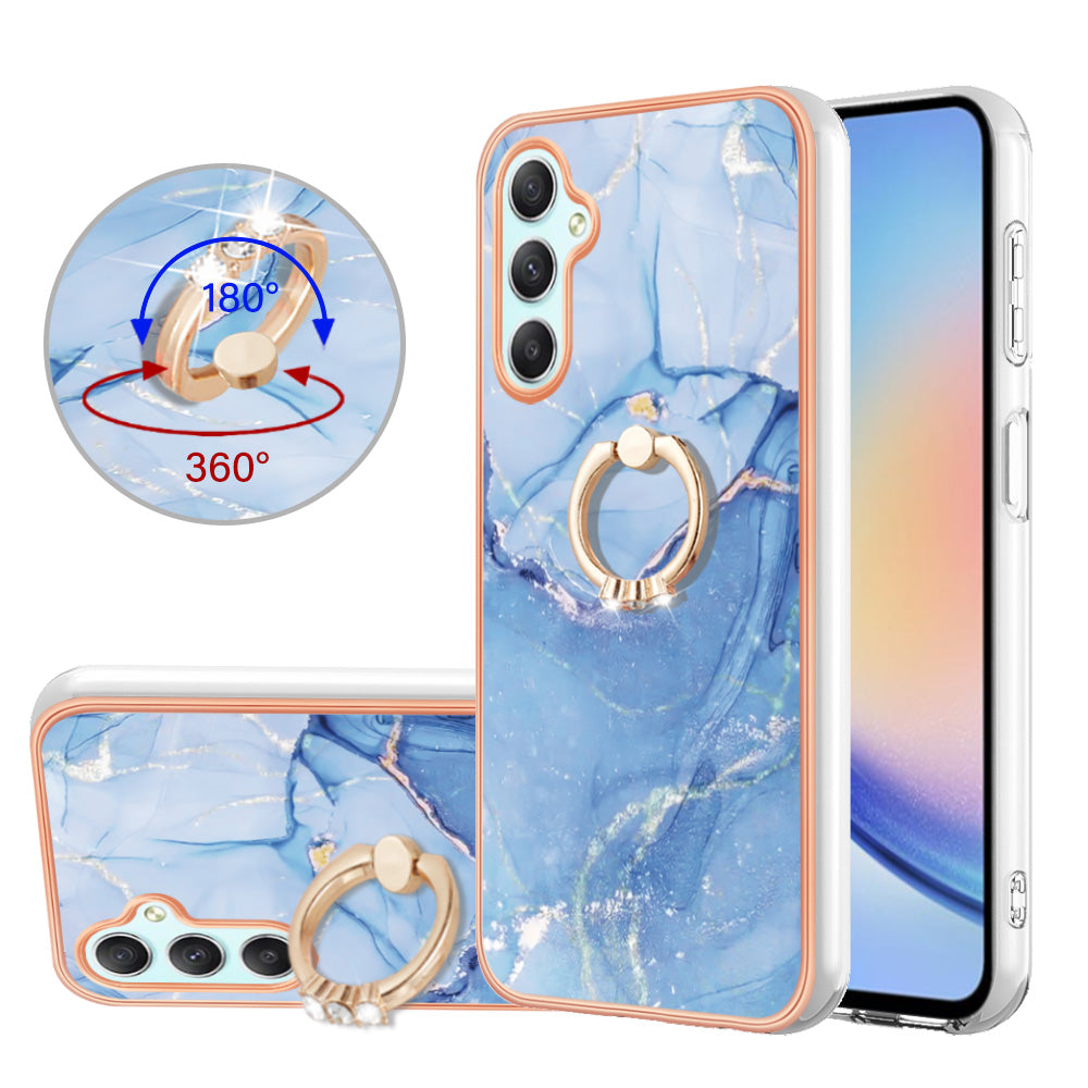 YB IMD Series-17 Style-E for Samsung Galaxy A24 4G Phone Case with Ring Kickstand 2.0mm TPU Electroplated Edge Marble Pattern IMD Cover