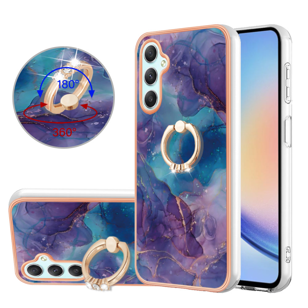 YB IMD Series-17 Style-E for Samsung Galaxy A24 4G Phone Case with Ring Kickstand 2.0mm TPU Electroplated Edge Marble Pattern IMD Cover
