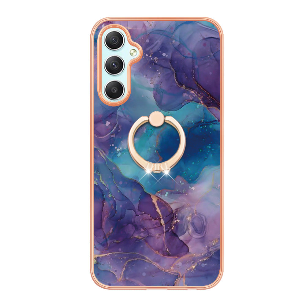 YB IMD Series-17 Style-E for Samsung Galaxy A24 4G Phone Case with Ring Kickstand 2.0mm TPU Electroplated Edge Marble Pattern IMD Cover