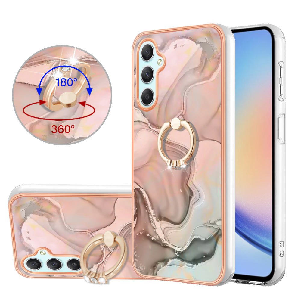 YB IMD Series-17 Style-E for Samsung Galaxy A24 4G Phone Case with Ring Kickstand 2.0mm TPU Electroplated Edge Marble Pattern IMD Cover