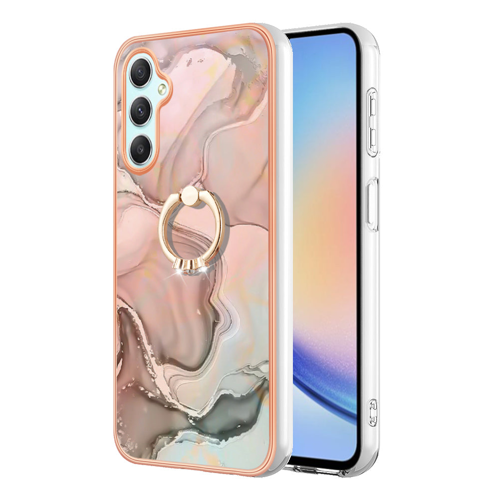 YB IMD Series-17 Style-E for Samsung Galaxy A24 4G Phone Case with Ring Kickstand 2.0mm TPU Electroplated Edge Marble Pattern IMD Cover