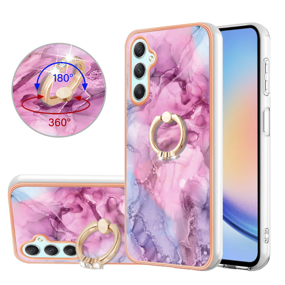YB IMD Series-17 Style-E for Samsung Galaxy A24 4G Phone Case with Ring Kickstand 2.0mm TPU Electroplated Edge Marble Pattern IMD Cover