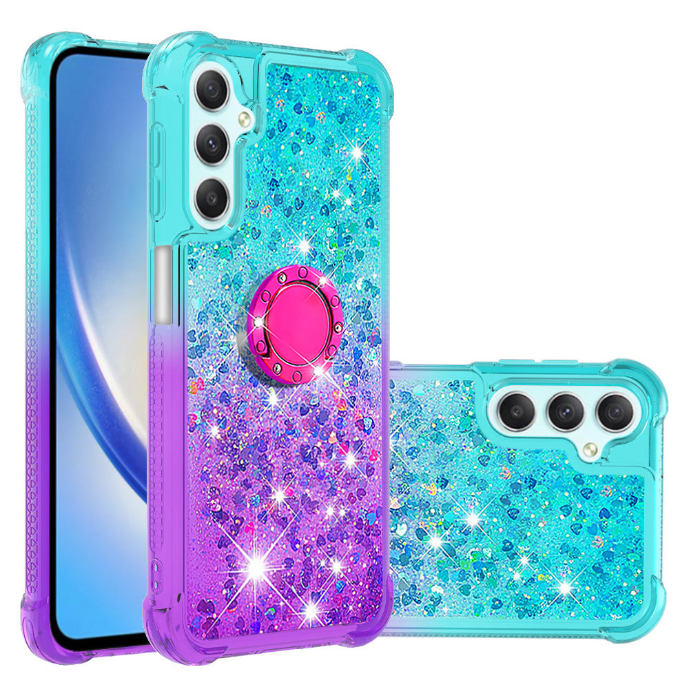 For Samsung Galaxy A24 4G YB Quicksand Series-8 Ring Kickstand TPU Cover Gradient Glitter Liquid Phone Case