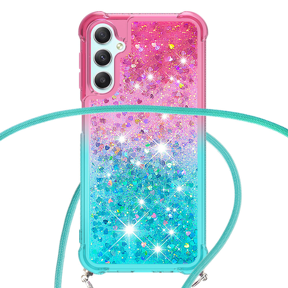 For Samsung Galaxy A24 4G YB Quicksand Series-6 Gradient Floating Liquid Glitter Case TPU Phone Cover with Lanyard
