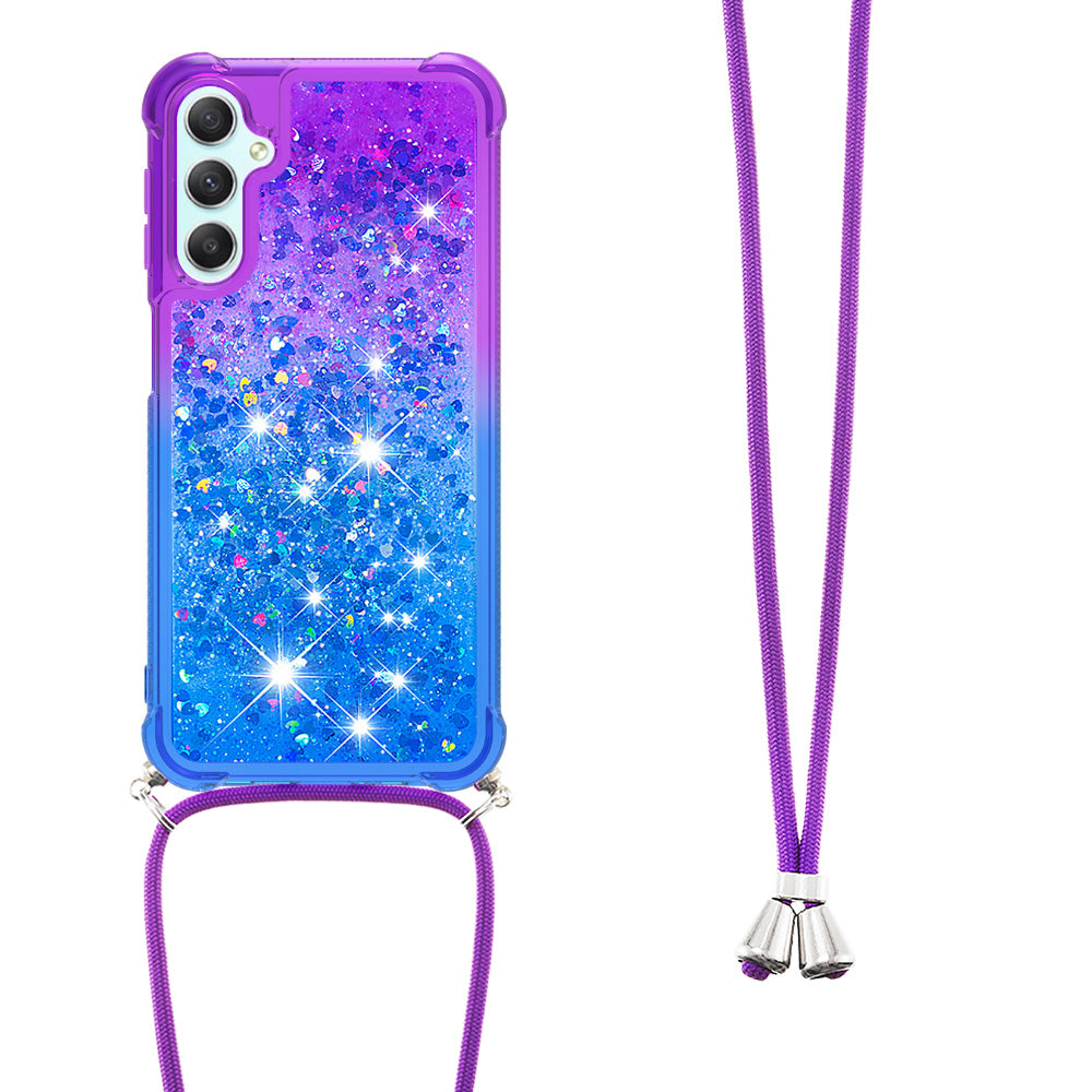 For Samsung Galaxy A24 4G YB Quicksand Series-6 Gradient Floating Liquid Glitter Case TPU Phone Cover with Lanyard