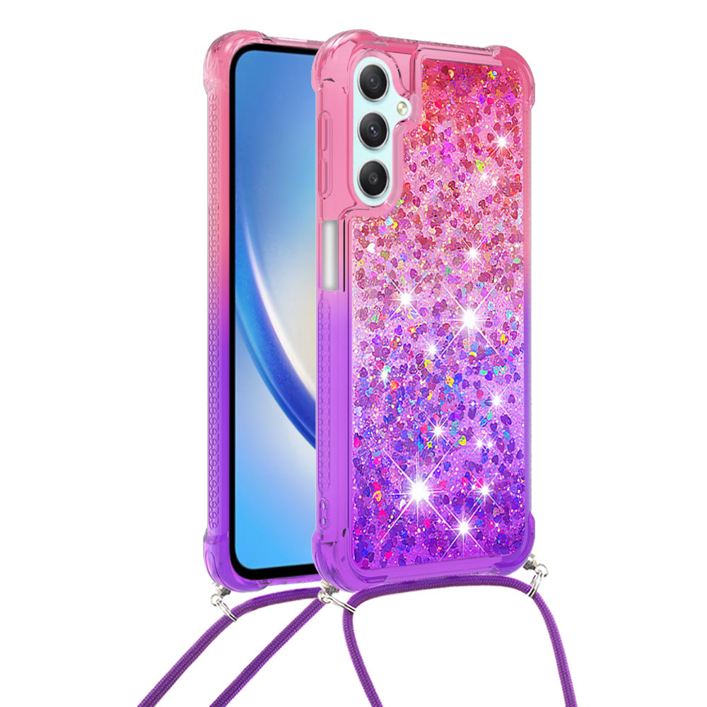 For Samsung Galaxy A24 4G YB Quicksand Series-6 Gradient Floating Liquid Glitter Case TPU Phone Cover with Lanyard