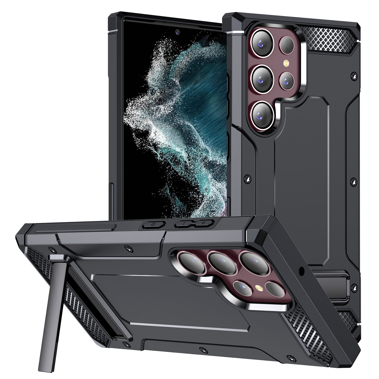 Pro Samsung Galaxy S22 Ultra 5G pouzdro na telefon Hard PC TPU Phone Shell s kovovým stojánkem